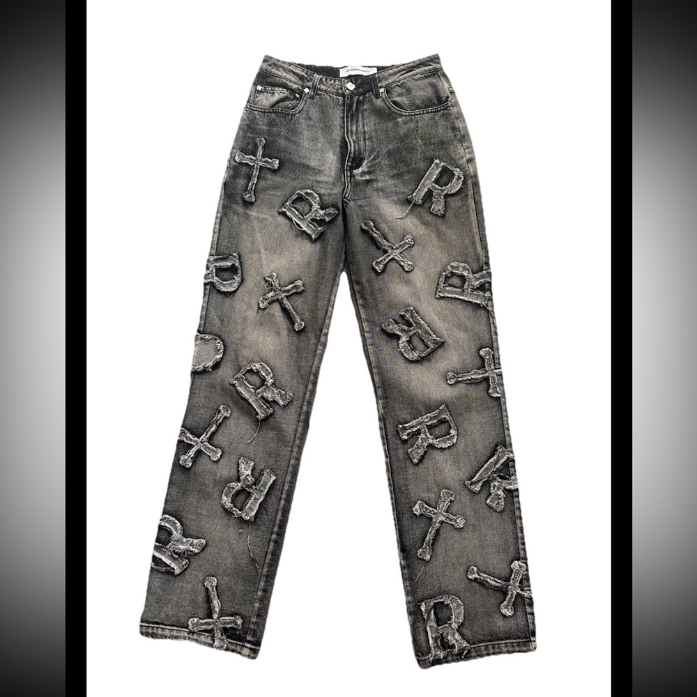 RACER WORLDWIDE Womens Midrise Graphic Streetwear Charcoal Wash Jeans Sz 28